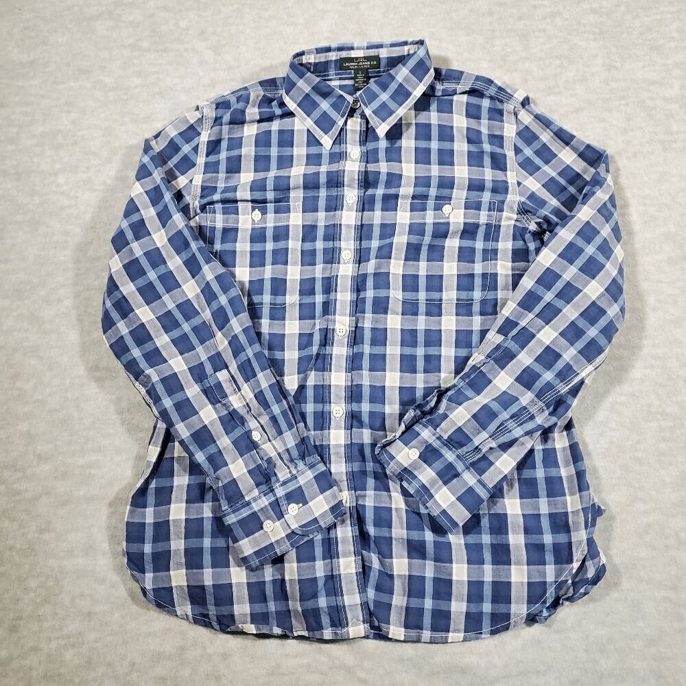 Lauren Ralph Lauren Shirt Womens Large Blue Plaid Regular Fit Casual Button Down